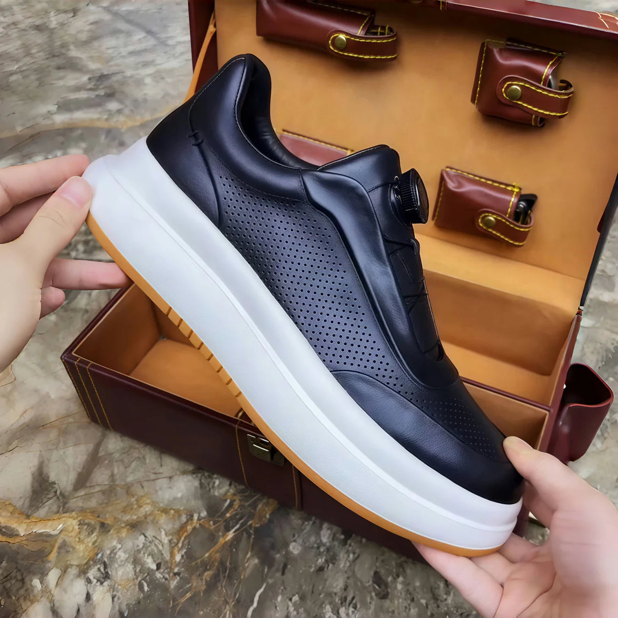 Calveto Leather Round Toe Flat Casual Skate Shoes|Genuine Leather Sneakers