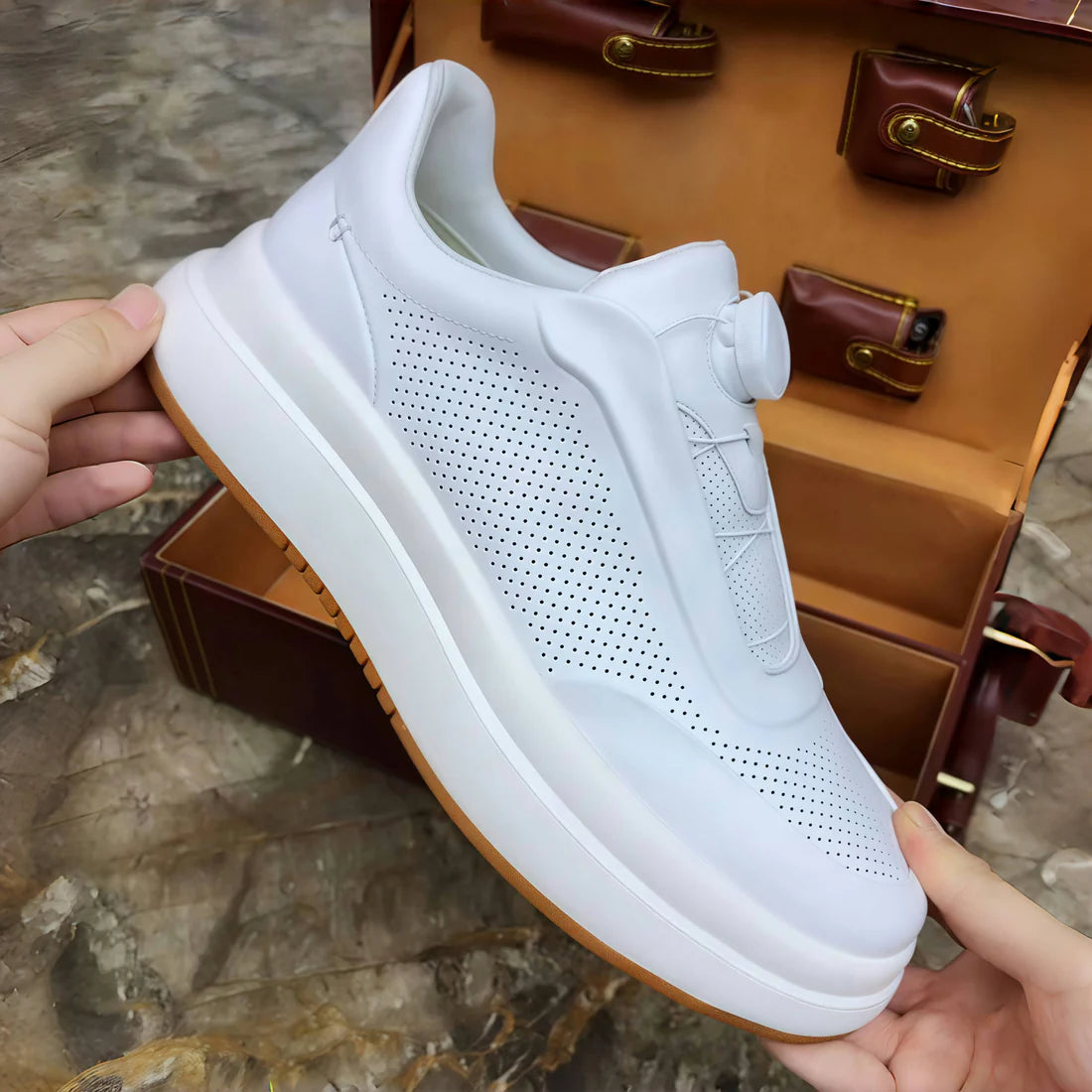 Calveto Leather Round Toe Flat Casual Skate Shoes|Genuine Leather Sneakers