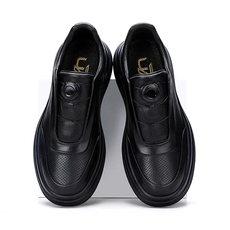 Calveto Leather Round Toe Flat Casual Skate Shoes|Genuine Leather Sneakers