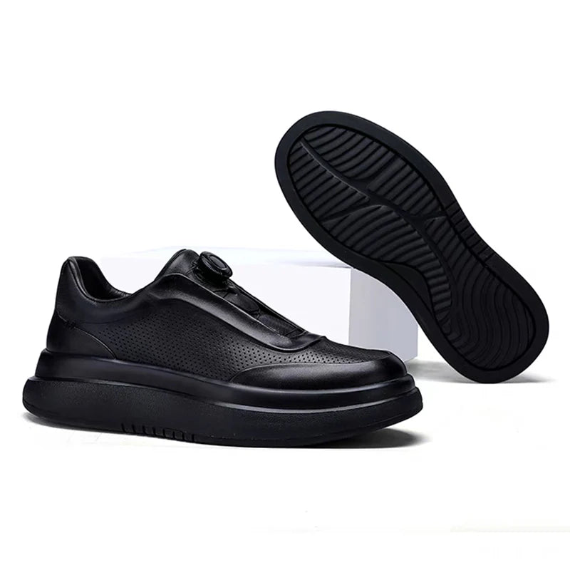 Calveto Leather Round Toe Flat Casual Skate Shoes|Genuine Leather Sneakers