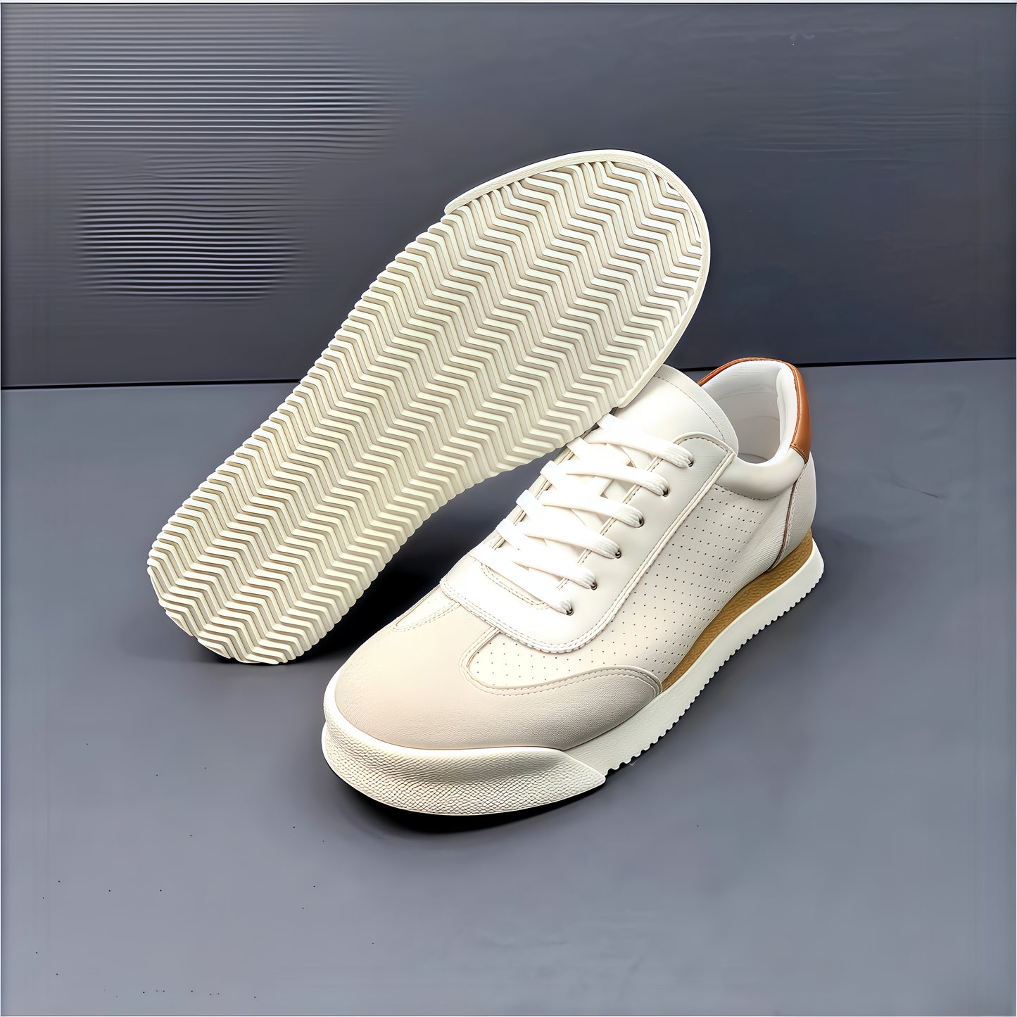 Calveto Men's Cowhide Round Toe Sports & Leisure White Sneakers 2025 Summer | Light-Weight Breathable Retro Style