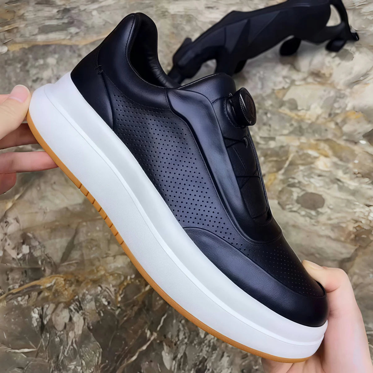 Calveto Leather Round Toe Flat Casual Skate Shoes|Genuine Leather Sneakers