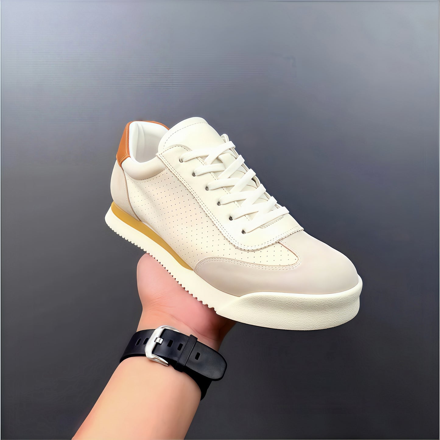 Calveto Men's Cowhide Round Toe Sports & Leisure White Sneakers 2025 Summer | Light-Weight Breathable Retro Style