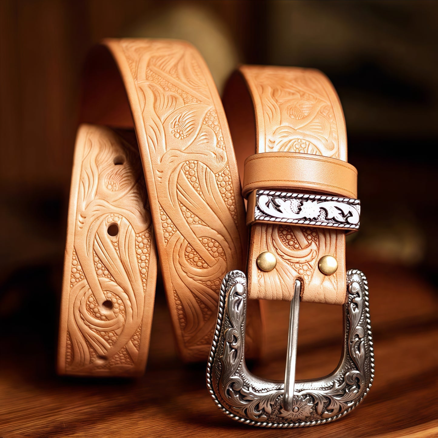 Vintage Western Belt w/ Embossed buckle for men – Hand Tooled Engraved Genuine Full Grain Leather Cowboy Belts for Jeans