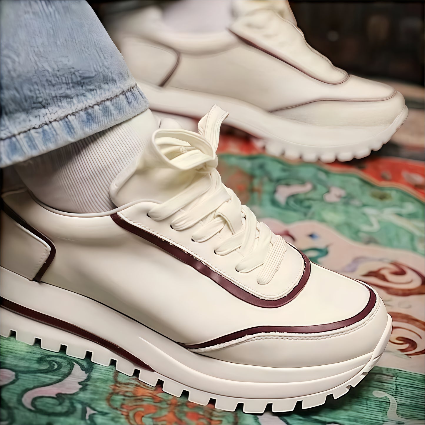 Calveto Men's Cowhide Casual Retro Style White Sneakers 2025 Summer | Thick-soled Light-Weight Breathable Luxury Design