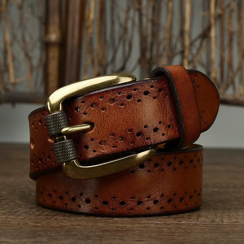 New Arrival: Vintage Dual Pin Buckle Men's Belt - Washed Vegetable-Tanned Full Grain Leather Youth Trend Waist Strap