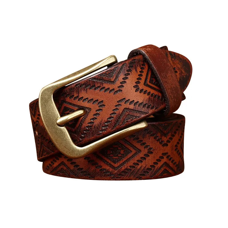 Handcrafted Engraved Italian Full Grain Cowhide Belt for Men - Unique Niche Trend Pin Buckle Casual Leather Waist Belt