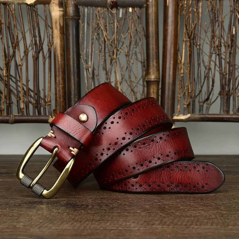 New Arrival: Vintage Dual Pin Buckle Men's Belt - Washed Vegetable-Tanned Full Grain Leather Youth Trend Waist Strap