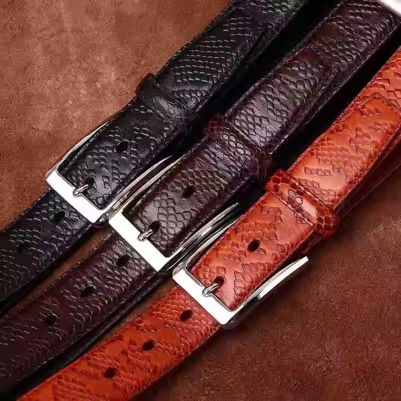 Men's Italian Vegetable Tanned Full Grain Cowhide Dress Belt - Snake-Embossed Textured Business Formal Vintage