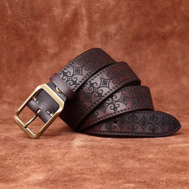 Men's Thickened Full Grain Cowhide Belt - American Vintage Handcrafted Leather with Solid Brass Buckle