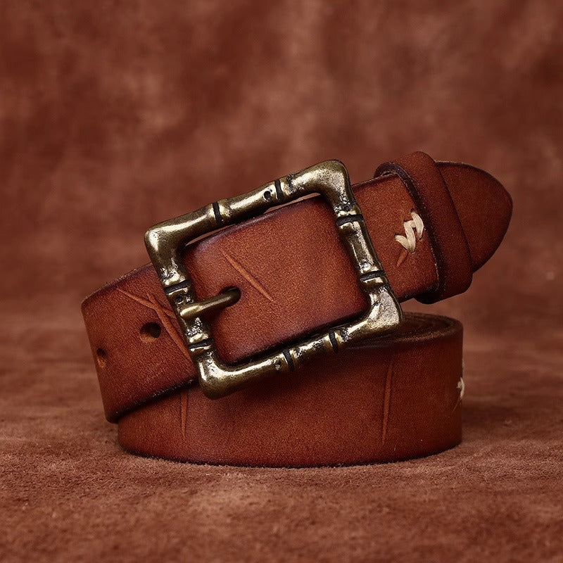 Artisan Distressed Leather Belt - Handcrafted Full Grain Cowhide Vintage Pin Buckle with Solid Brass for Heritage Workwear
