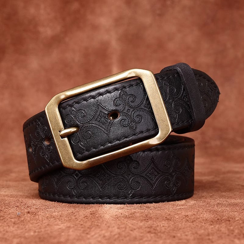 Men's Thickened Full Grain Cowhide Belt - American Vintage Handcrafted Leather with Solid Brass Buckle