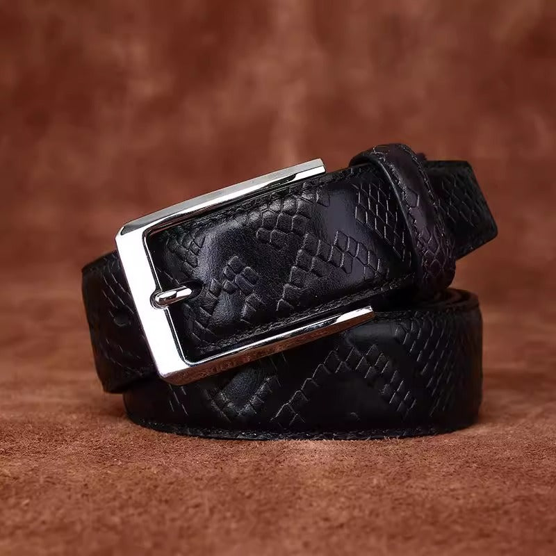Men's Italian Vegetable Tanned Full Grain Cowhide Dress Belt - Snake-Embossed Textured Business Formal Vintage