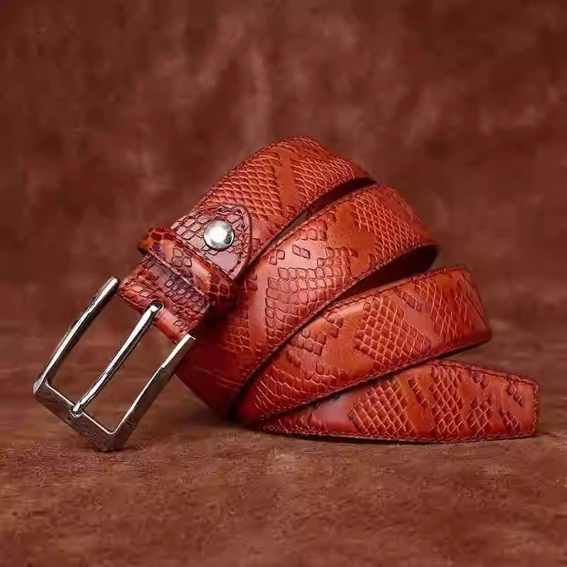Men's Italian Vegetable Tanned Full Grain Cowhide Dress Belt - Snake-Embossed Textured Business Formal Vintage