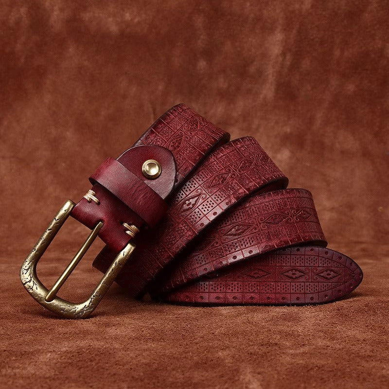 Men's Thickened Full Grain Cowhide Belt - Artisan Handcrafted Aged & Distressed Leather with Solid Brass Vintage Pin Buckle