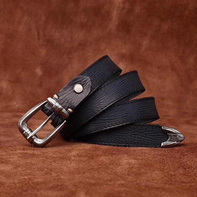Premium Handcrafted Distressed Leather Belt - Top Grain Cowhide Vintage Pin Buckle Unisex Belt for Jeans, Timeless Style