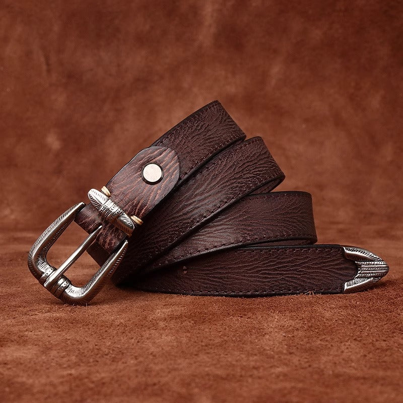 Premium Handcrafted Distressed Leather Belt - Top Grain Cowhide Vintage Pin Buckle Unisex Belt for Jeans, Timeless Style