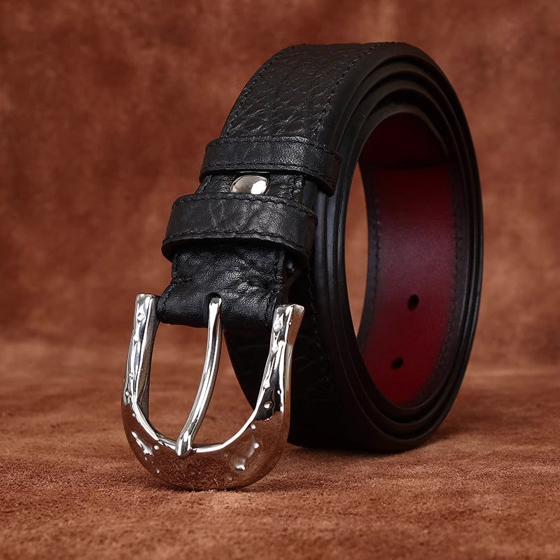 Handcrafted Double Sided Full Grain Cowhide African Bison Embossed Leather Belt for Men - Vintage Western Pin Buckle