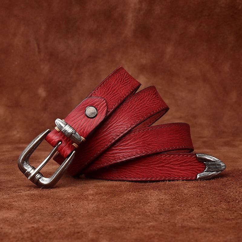 Premium Handcrafted Distressed Leather Belt - Top Grain Cowhide Vintage Pin Buckle Unisex Belt for Jeans, Timeless Style