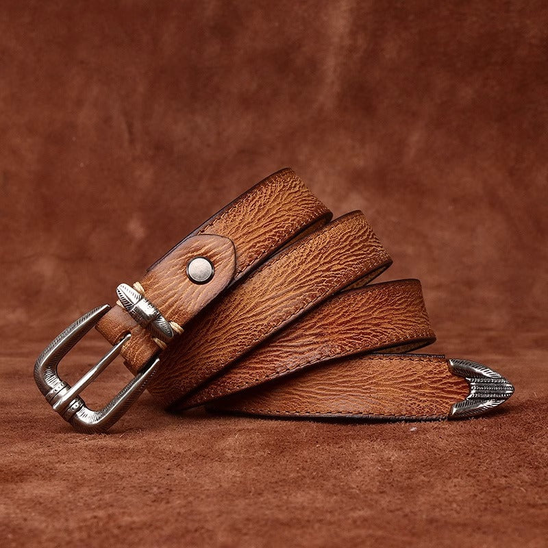 Premium Handcrafted Distressed Leather Belt - Top Grain Cowhide Vintage Pin Buckle Unisex Belt for Jeans, Timeless Style