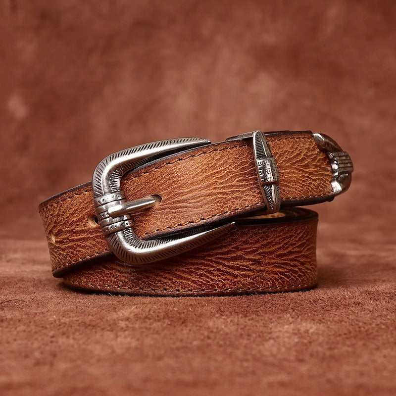 Premium Handcrafted Distressed Leather Belt - Top Grain Cowhide Vintage Pin Buckle Unisex Belt for Jeans, Timeless Style