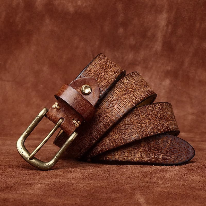 Men's Thickened Full Grain Cowhide Belt - Artisan Handcrafted Aged & Distressed Leather with Solid Brass Vintage Pin Buckle