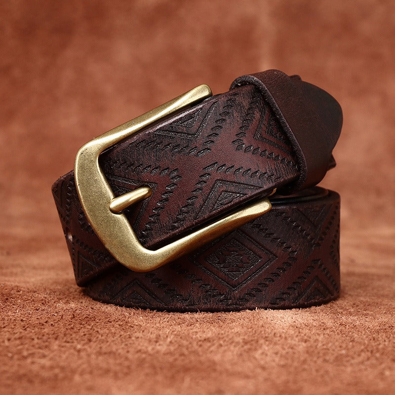 Handcrafted Engraved Italian Full Grain Cowhide Belt for Men - Unique Niche Trend Pin Buckle Casual Leather Waist Belt