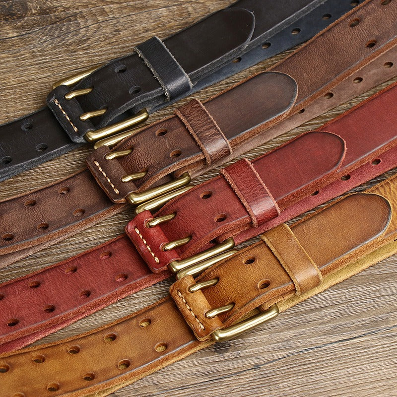 New Arrival: Vintage Trendy Unique Dual Pin Buckle Men's Leather Belt - 100% Full Grain Vegetable Tanned Washed Leather Youth Casual