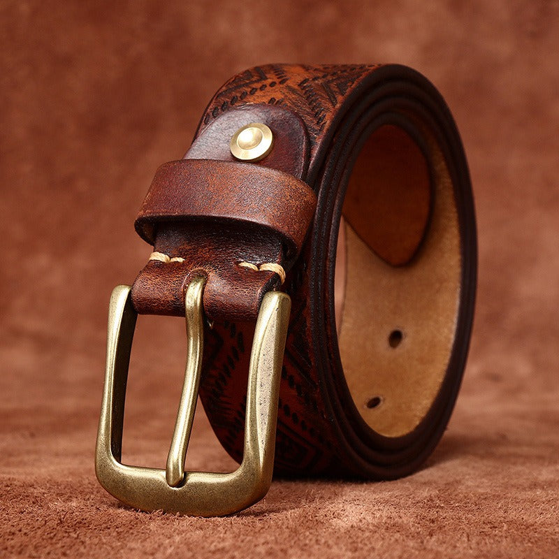 Handcrafted Engraved Italian Full Grain Cowhide Belt for Men - Unique Niche Trend Pin Buckle Casual Leather Waist Belt