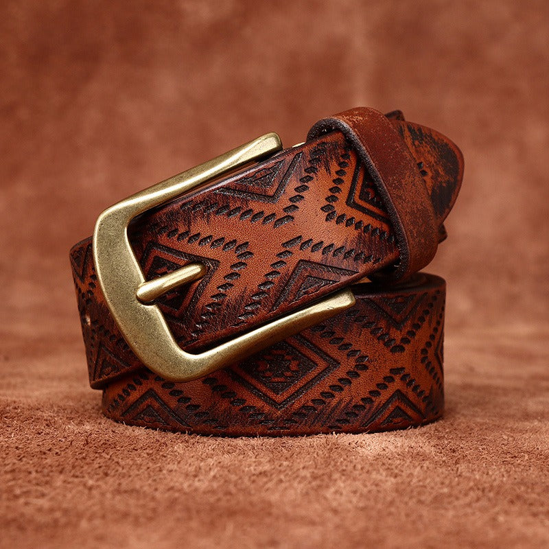 Handcrafted Engraved Italian Full Grain Cowhide Belt for Men - Unique Niche Trend Pin Buckle Casual Leather Waist Belt