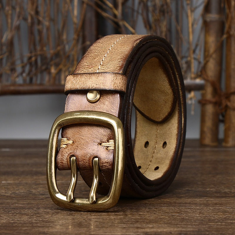 New Arrival: Vintage Distressed Dual Pin Buckle Men's Leather Belt - 100% Full Grain Cowhide Casual Jeans Belt