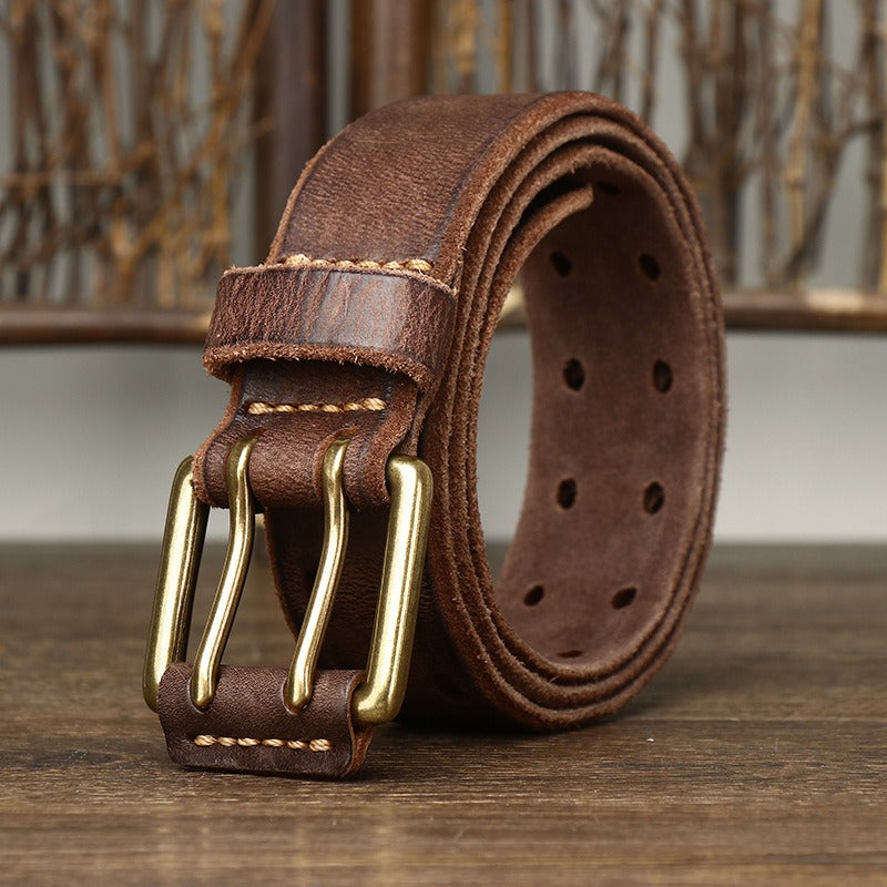 New Arrival: Vintage Trendy Unique Dual Pin Buckle Men's Leather Belt - 100% Full Grain Vegetable Tanned Washed Leather Youth Casual