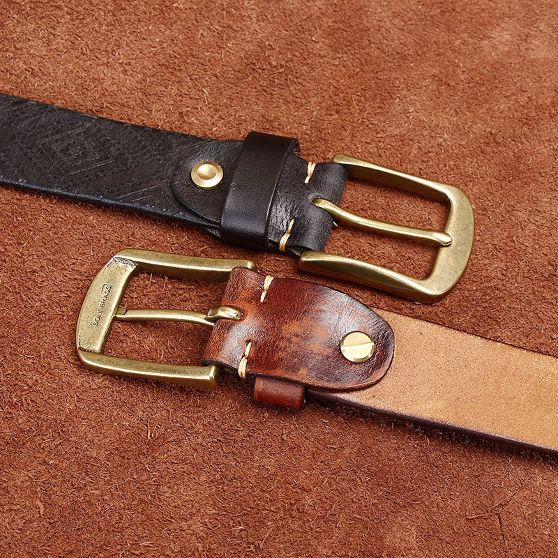 Handcrafted Engraved Italian Full Grain Cowhide Belt for Men - Unique Niche Trend Pin Buckle Casual Leather Waist Belt