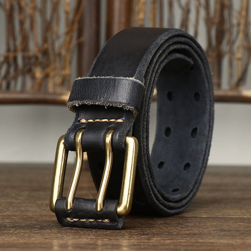 New Arrival: Vintage Trendy Unique Dual Pin Buckle Men's Leather Belt - 100% Full Grain Vegetable Tanned Washed Leather Youth Casual