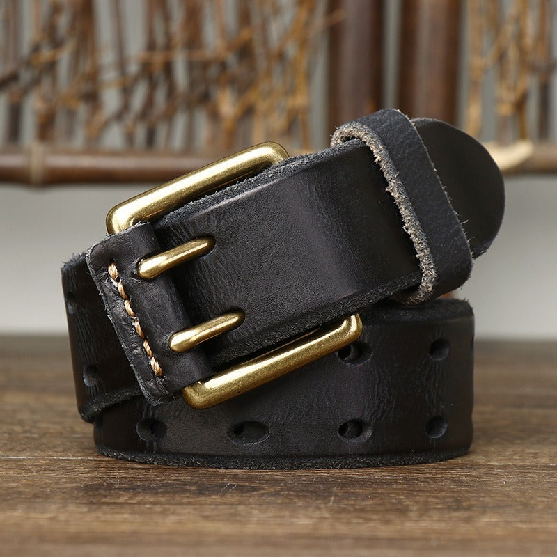 New Arrival: Vintage Trendy Unique Dual Pin Buckle Men's Leather Belt - 100% Full Grain Vegetable Tanned Washed Leather Youth Casual