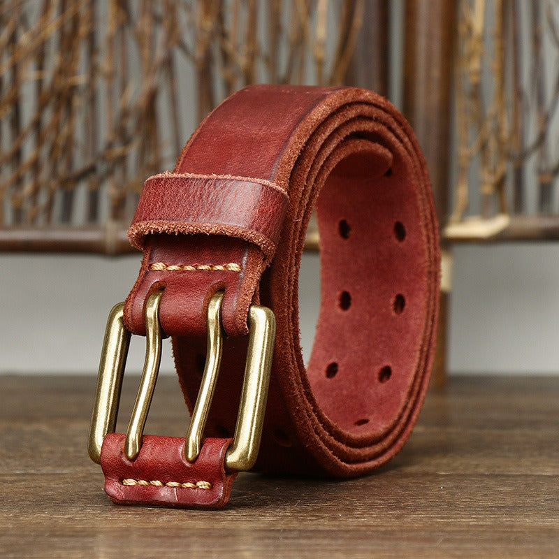 New Arrival: Vintage Trendy Unique Dual Pin Buckle Men's Leather Belt - 100% Full Grain Vegetable Tanned Washed Leather Youth Casual
