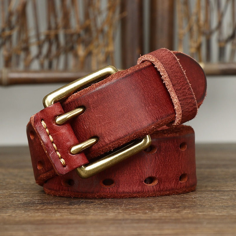 New Arrival: Vintage Trendy Unique Dual Pin Buckle Men's Leather Belt - 100% Full Grain Vegetable Tanned Washed Leather Youth Casual