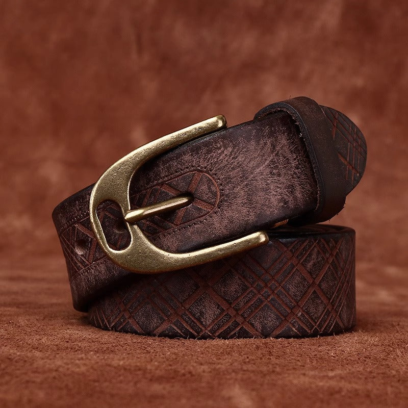 Handmade Thickened Diamond Pattern Leather Belt for Men - Vintage Full Grain Cowhide Western Casual