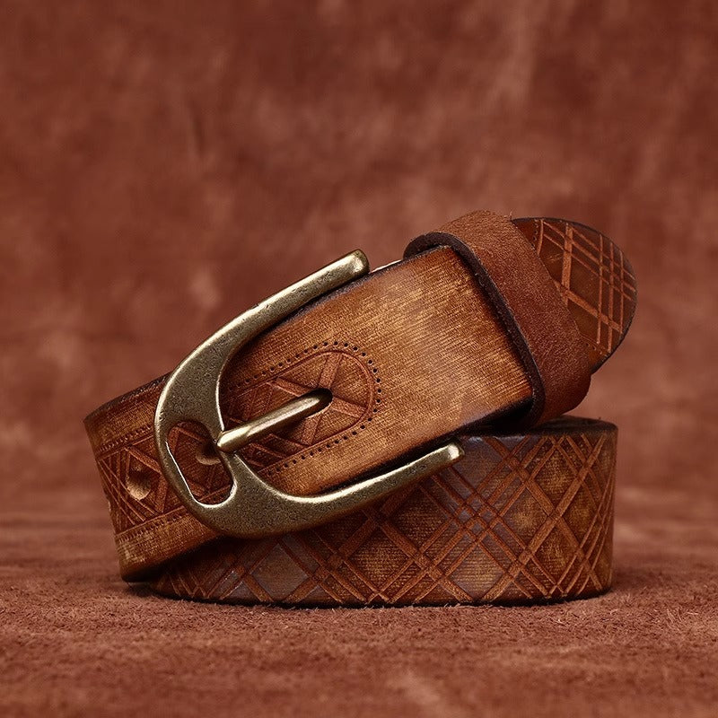 Handmade Thickened Diamond Pattern Leather Belt for Men - Vintage Full Grain Cowhide Western Casual