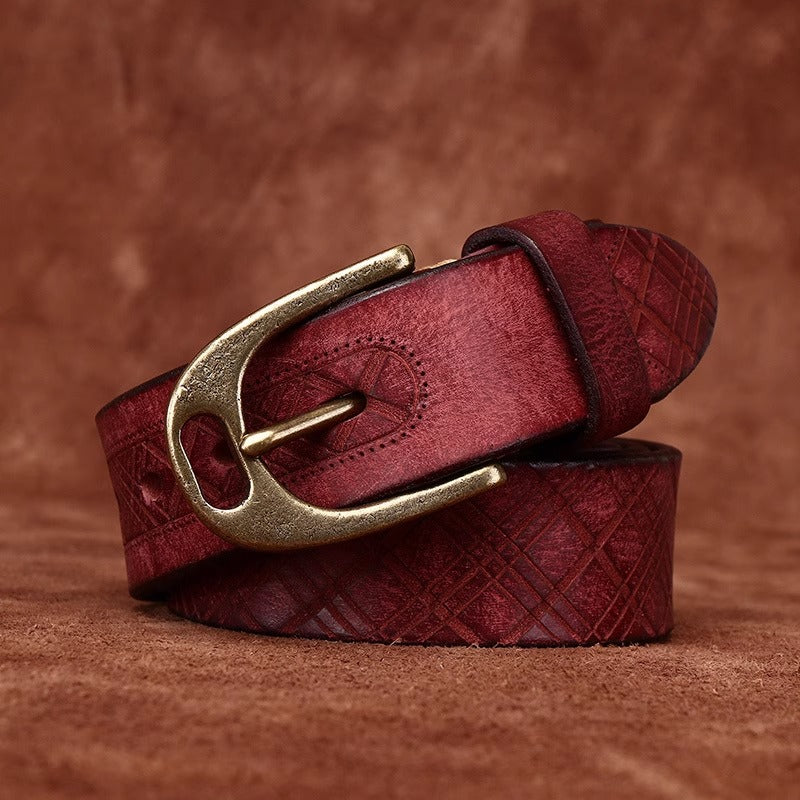 Handmade Thickened Diamond Pattern Leather Belt for Men - Vintage Full Grain Cowhide Western Casual