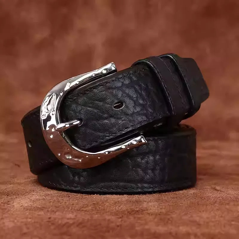 Handcrafted Double Sided Full Grain Cowhide African Bison Embossed Leather Belt for Men - Vintage Western Pin Buckle