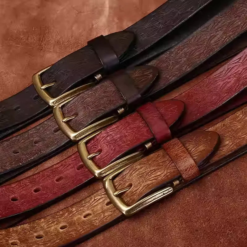 Men's Thickened Full Grain Cowhide Handcrafted Floral Design Vintage Casual Leather Belt for Jeans & Denim Outfits