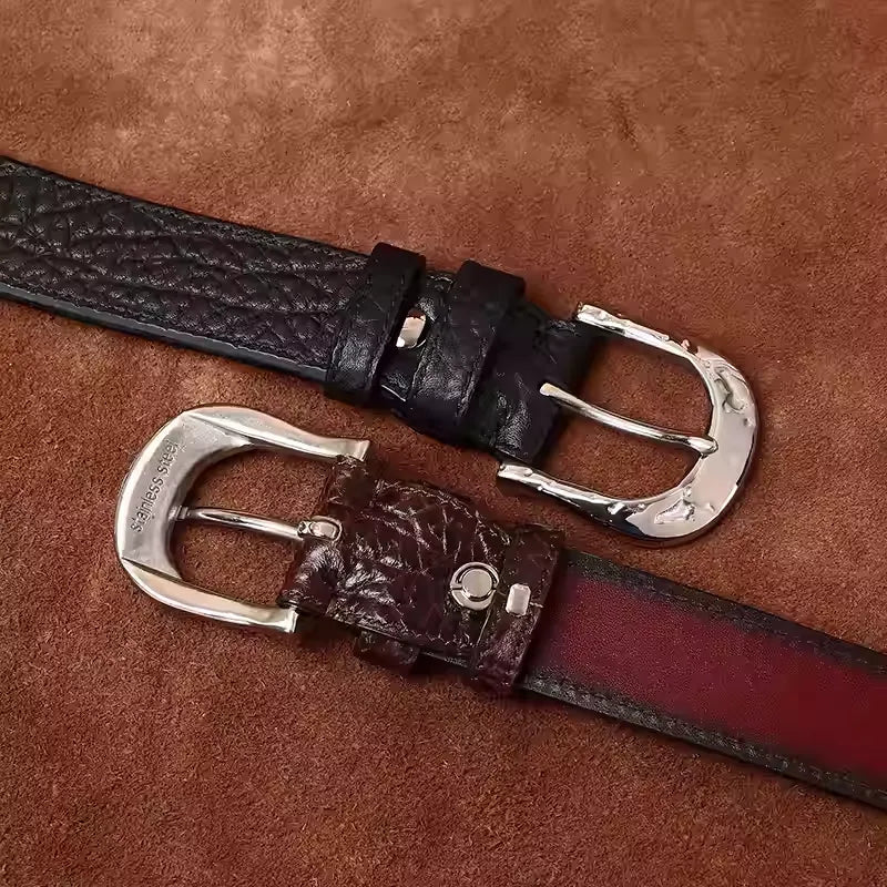 Handcrafted Double Sided Full Grain Cowhide African Bison Embossed Leather Belt for Men - Vintage Western Pin Buckle
