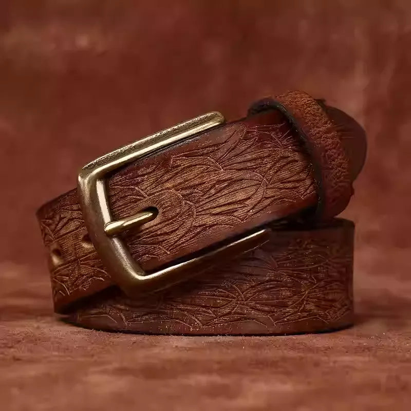 Men's Thickened Full Grain Cowhide Handcrafted Floral Design Vintage Casual Leather Belt for Jeans & Denim Outfits