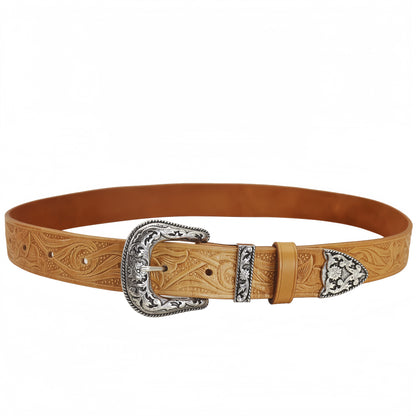 Vintage Western Belt w/ Embossed buckle for men – Hand Tooled Engraved Genuine Full Grain Leather Cowboy Belts for Jeans