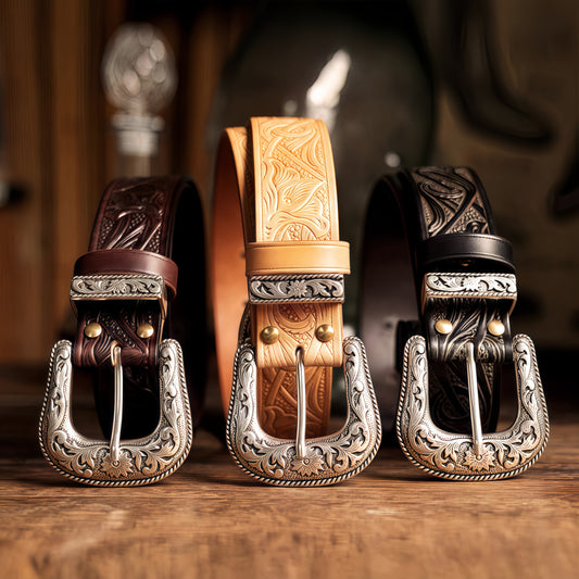Vintage Western Belt w/ Embossed buckle for men – Hand Tooled Engraved Genuine Full Grain Leather Cowboy Belts for Jeans
