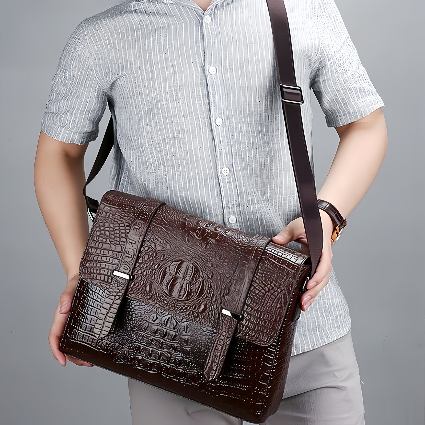 Horizontal Crocodile Pattern Men's Bag One Shoulder Briefcase