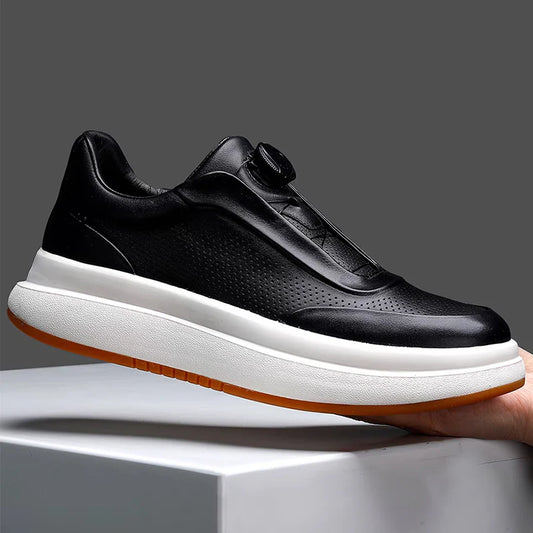 Calveto Leather Round Toe Flat Casual Skate Shoes|Genuine Leather Sneakers