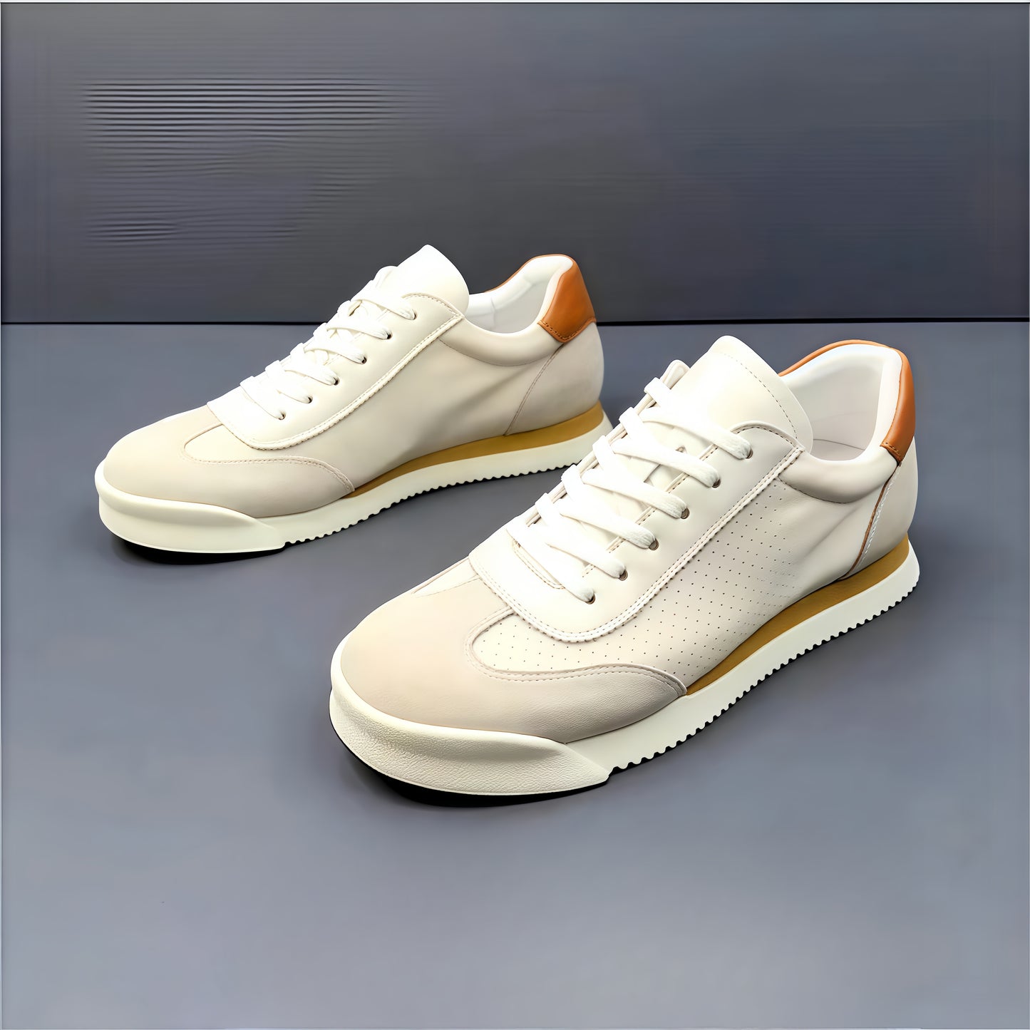 Calveto Men's Cowhide Round Toe Sports & Leisure White Sneakers 2025 Summer | Light-Weight Breathable Retro Style