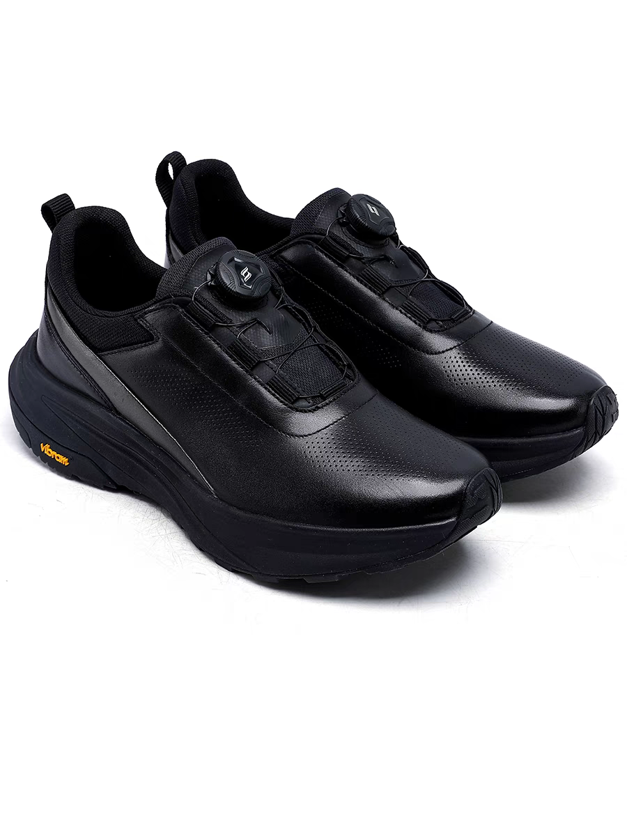 Calveto Men’s Platform Running Shoes | Black Top-Grain Leather with Rotating Buckle